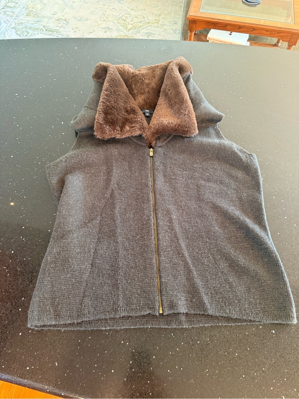 GAP Charcoal Knit Vest with Brown Faux-Fur Collar